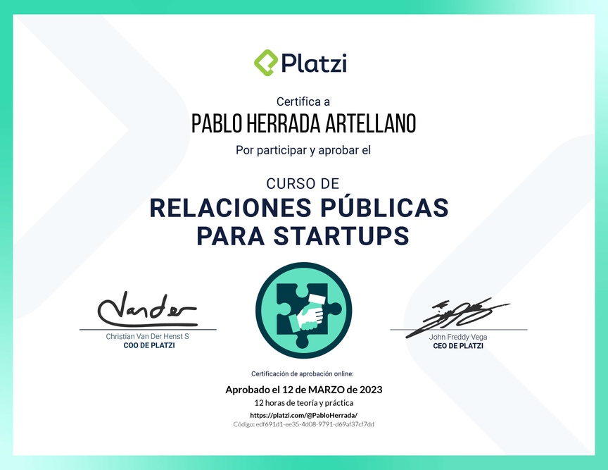 Diploma del Curso de Relaciones Públicas para Startups
