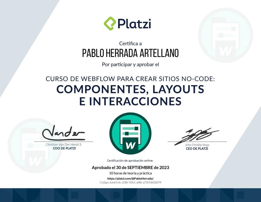Diploma del Curso de Webflow para Crear Sitios No-code: Componentes, Layouts e Interacciones