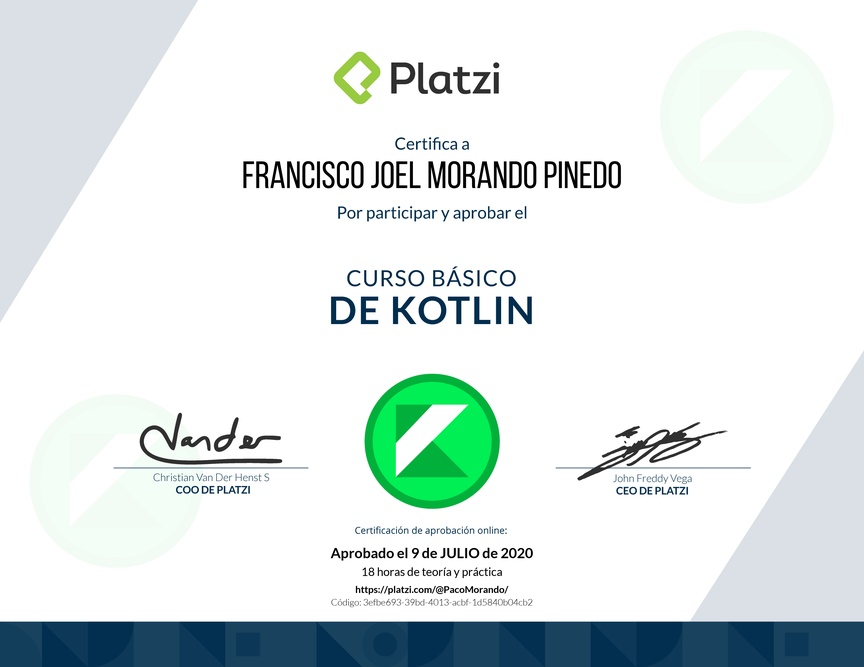 Diploma del Curso Básico de Kotlin 2019