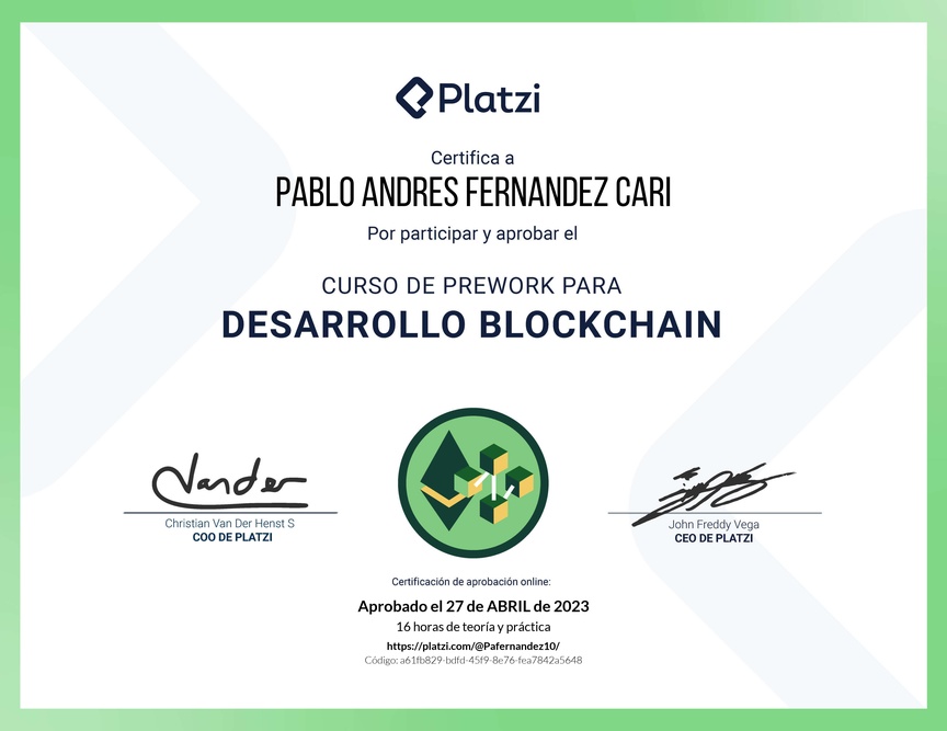 Diploma del Curso de Prework para Desarrollo de Aplicaciones Blockchain