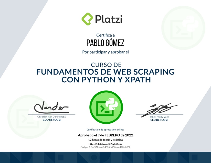 Diploma del Curso de Fundamentos de Web Scraping con Python y Xpath