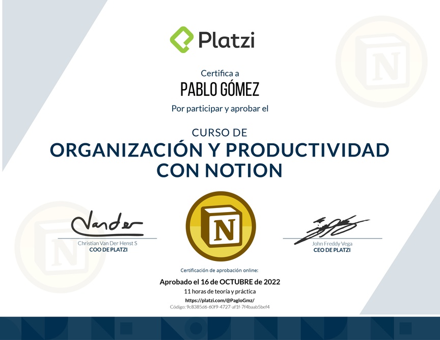 Diploma del Curso de Organización y Productividad con Notion (2021)