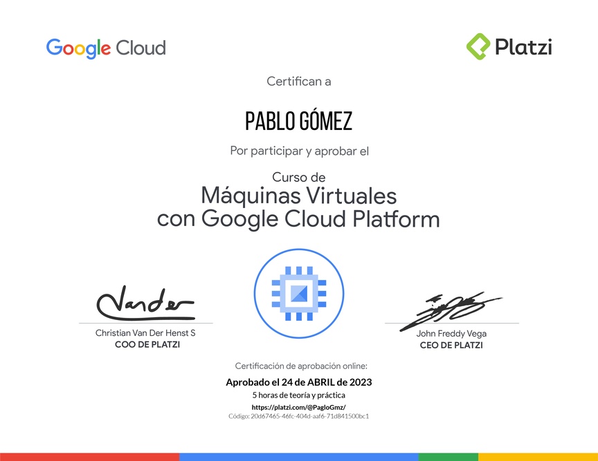 Diploma del Curso de Máquinas Virtuales con Google Cloud Platform