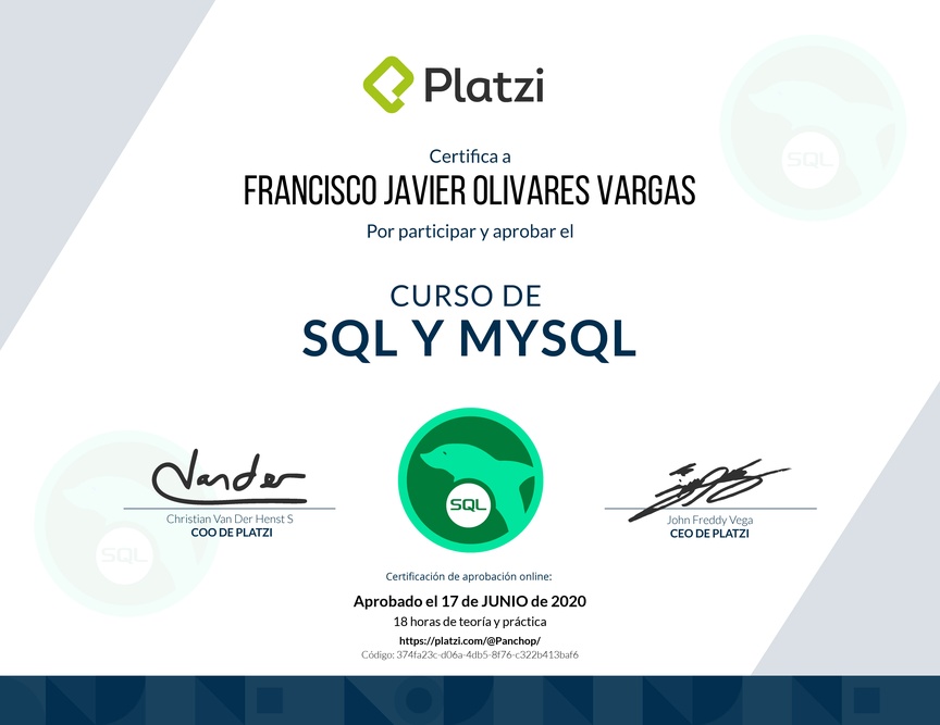 Diploma del Curso de SQL y MySQL 2018