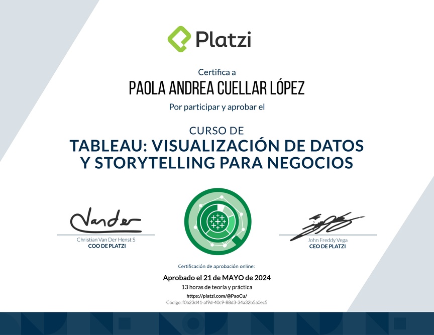 Diploma del Curso de Tableau: Visualización de Datos y Storytelling para Negocios