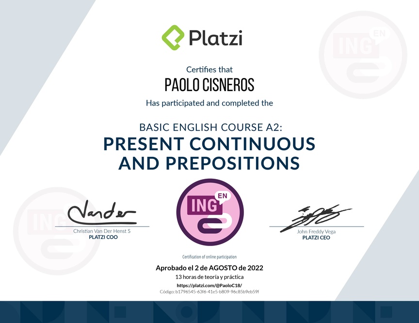 Diploma del Curso de Inglés Básico A2: Preposiciones y Presente Continuo (2021)