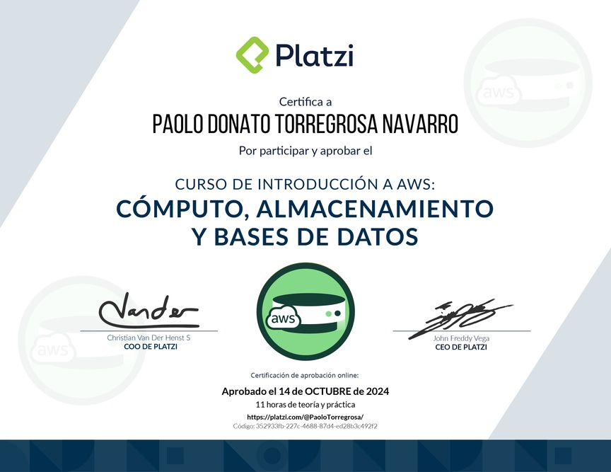 Diploma del Curso de Introducción a AWS: Cómputo, Almacenamiento y Bases de Datos