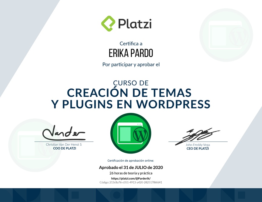 Diploma del Curso de Creación de Temas y Plugins en WordPress