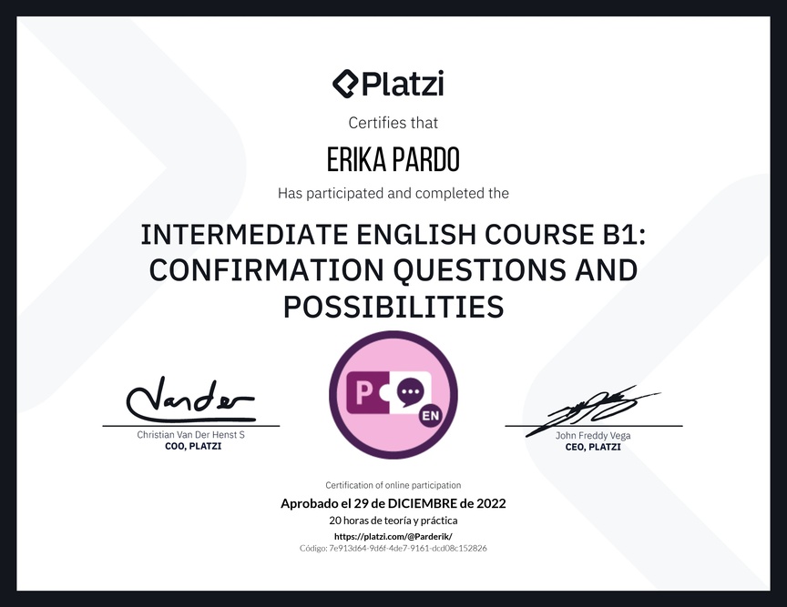 Diploma del Curso de Inglés Intermedio B1: Preguntas de Confirmación y Posibilidades