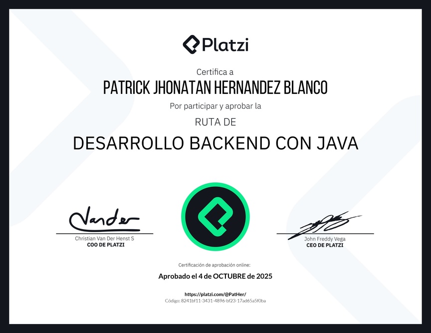 Diploma de la Ruta de Aprendizaje de Desarrollo Backend con Java