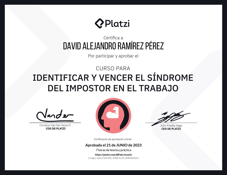 Diploma del Curso para Identificar y Vencer el Síndrome del Impostor