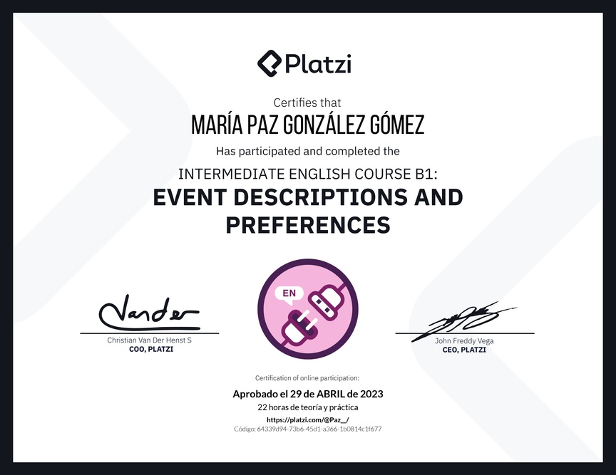 Diploma del Curso de Inglés Intermedio B1: Descripción de Eventos y Preferencias