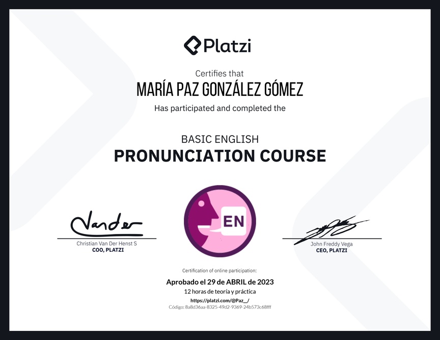 Diploma del Curso Básico de Pronunciación en Inglés