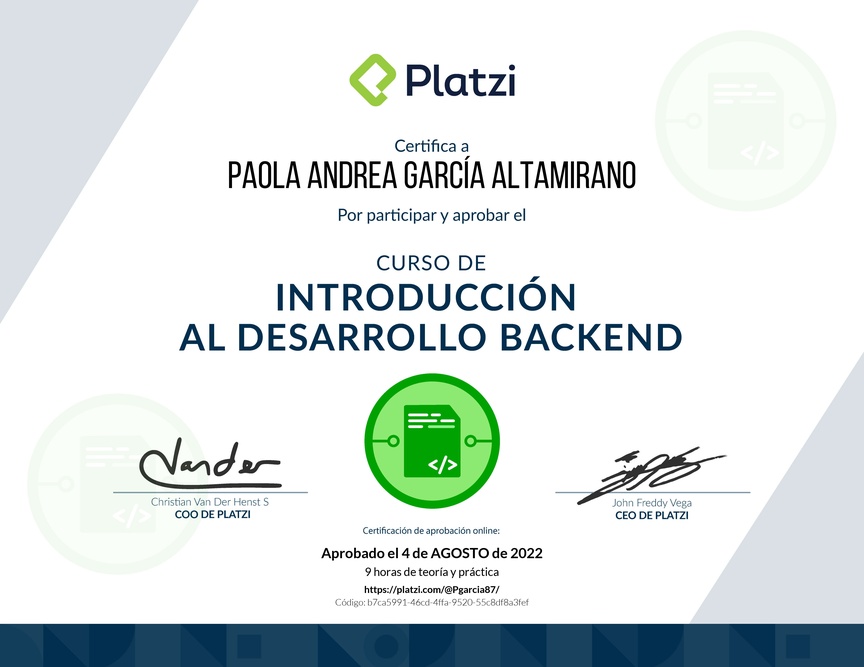 Diploma del Curso de Introducción al Desarrollo Backend