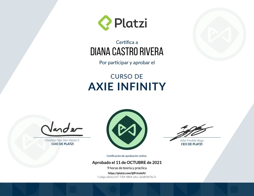 Diploma del Curso de Introducción a Axie Infinity 2021