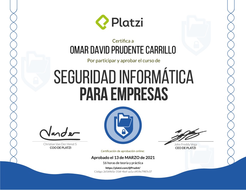 Diploma del Curso de Seguridad Informática para Empresas 2018