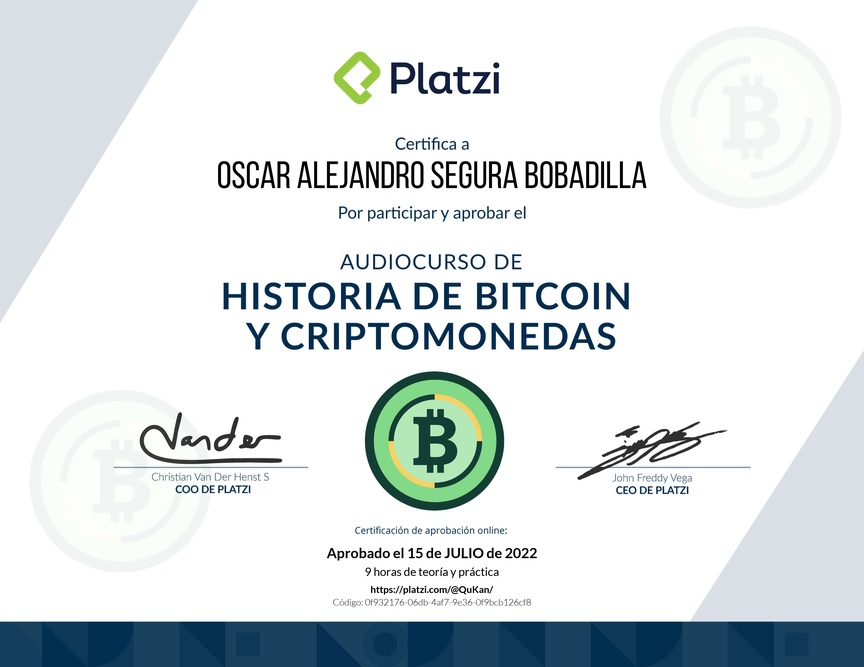 Diploma de Audiocurso de Historia de Bitcoin y Criptomonedas