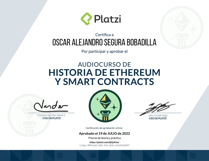 Diploma de Audiocurso de Historia de Ethereum y Smart Contracts