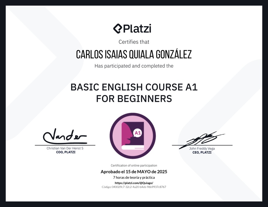 Diploma del Curso de Inglés Básico A1 para Principiantes