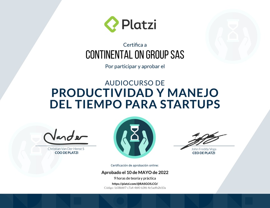 Diploma de Audiocurso de Productividad y Manejo del Tiempo para Startups