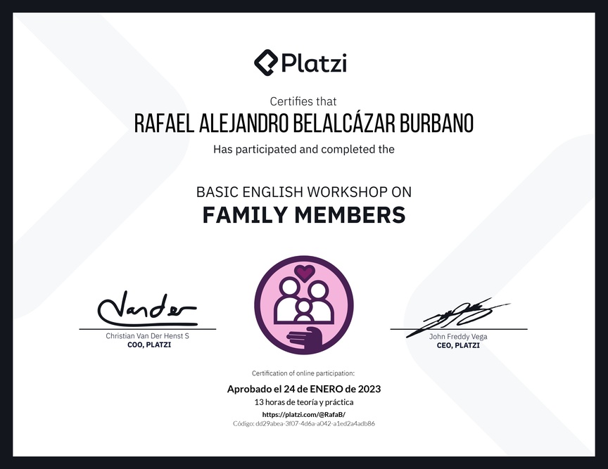 Diploma del Curso de Inglés Práctico sobre los Miembros de la Familia