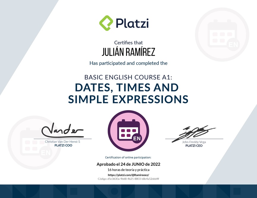 Diploma del Curso de Inglés Básico A1: Fechas, Horas y Expresiones Simples