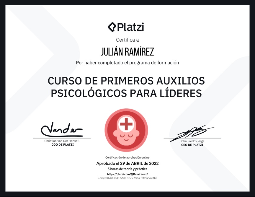 Diploma del Curso de Primeros Auxilios Psicológicos para Líderes