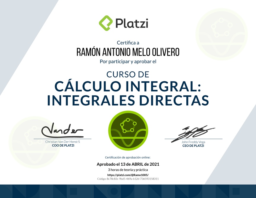 Diploma del Curso de Cálculo Integral: Integrales Directas