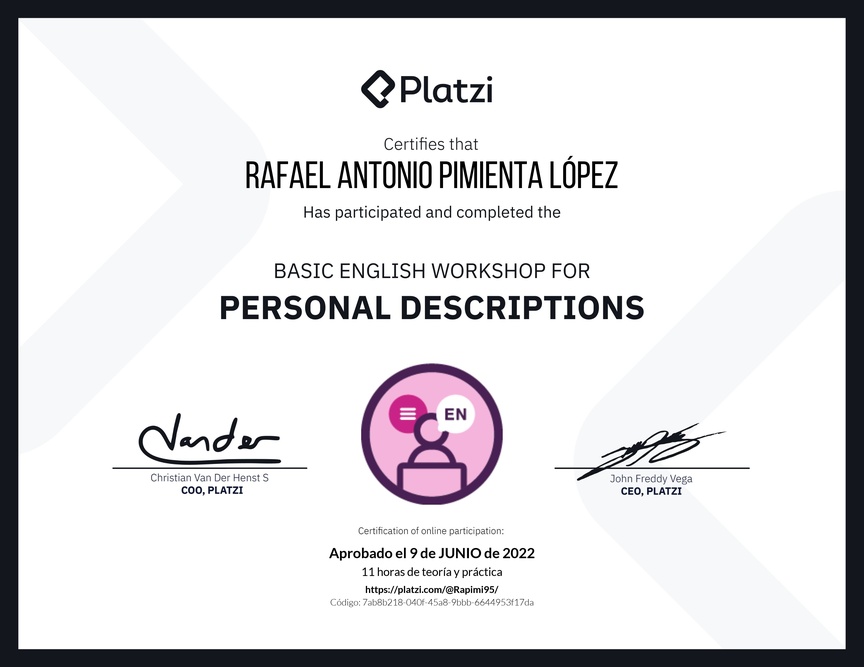 Diploma del Curso de Inglés Práctico para Descripciones Personales (2020=
