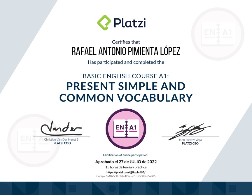 Diploma del Curso de Inglés Básico A1: Presente Simple y Vocabulario Común (2021)