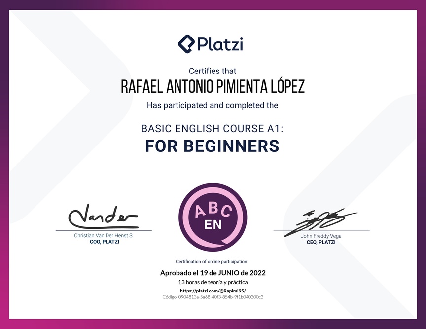 Diploma del Curso de Inglés Básico para Principiantes - (2022)