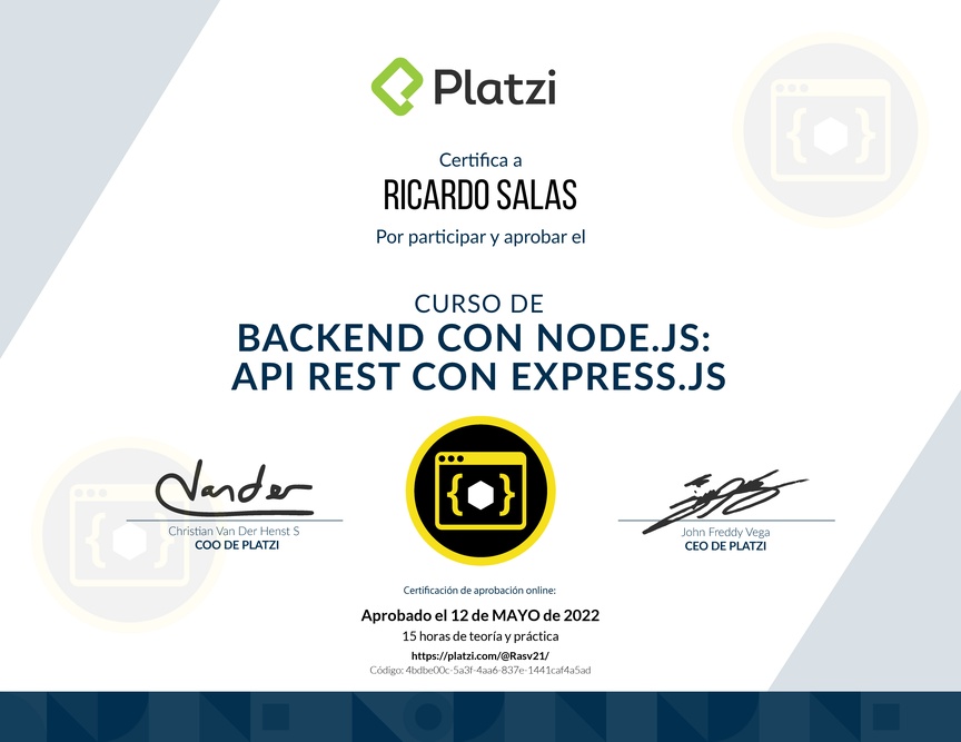 Diploma del Curso de Backend con Node.js: API REST con Express.js