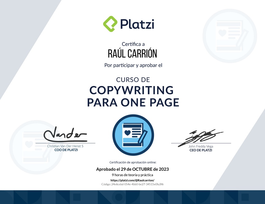 Diploma del Curso de Copywriting para One Page Web