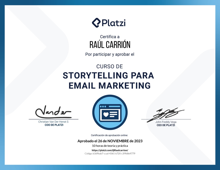 Diploma del Curso de Técnicas de Storytelling en Email Marketing