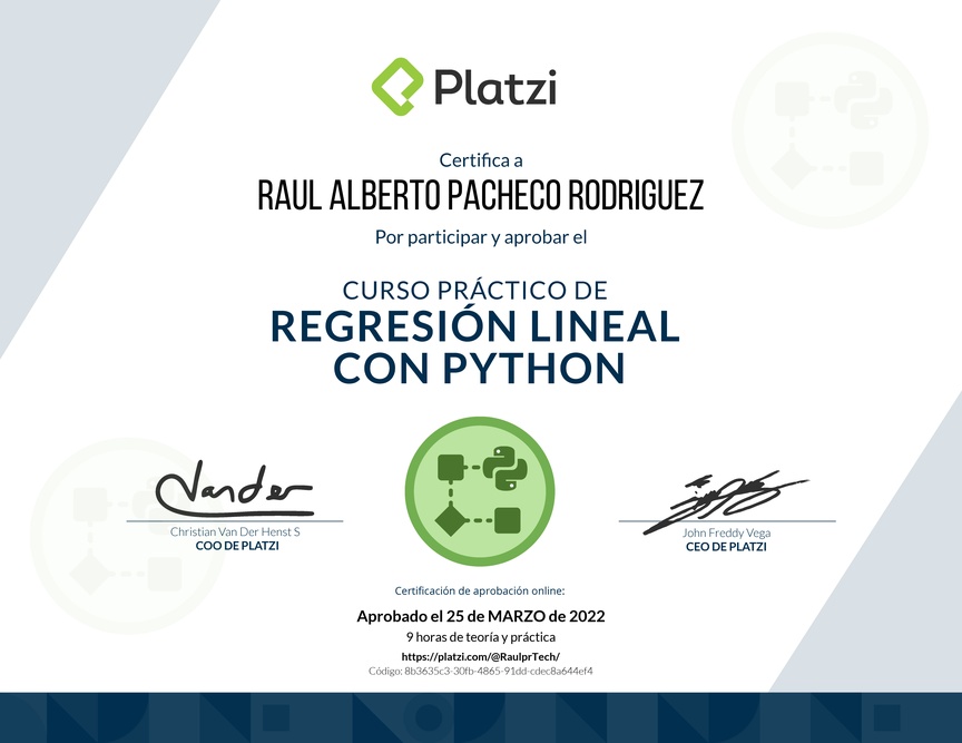 Diploma del Curso Práctico de Regresión Lineal con Python