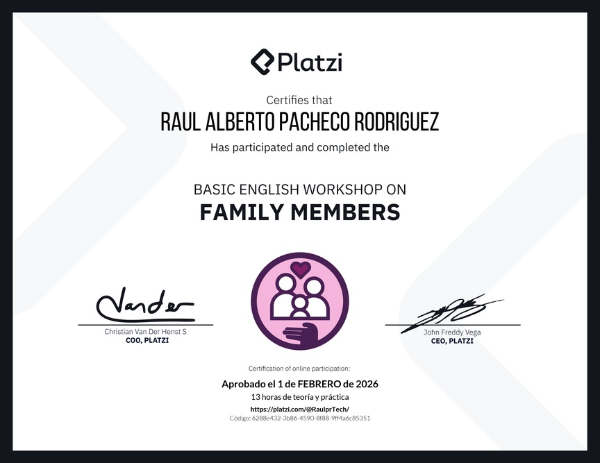 Diploma del Curso de Inglés Práctico sobre los Miembros de la Familia