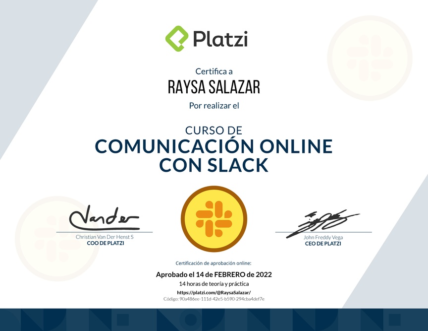 Diploma del Curso de Slack para Mejorar tu Comunicación Online