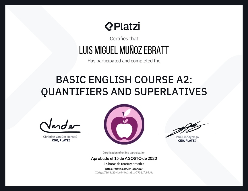 Diploma del Curso de Inglés Básico A2: Cuantificadores y Superlativos
