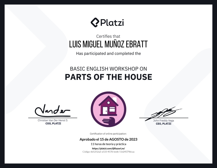 Diploma de Taller de Inglés Básico sobre las Partes de la Casa (2022)