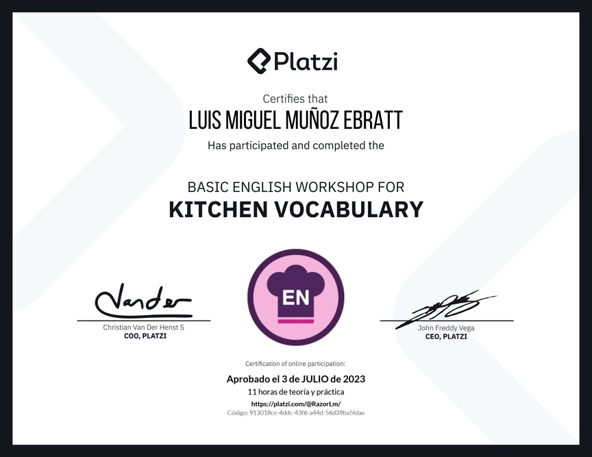 Diploma del Curso de Inglés Práctico sobre Vocabulario de Cocina