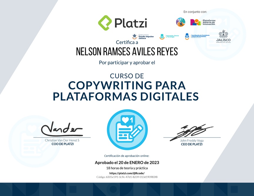 Diploma del Curso de Copywriting para Plataformas Digitales