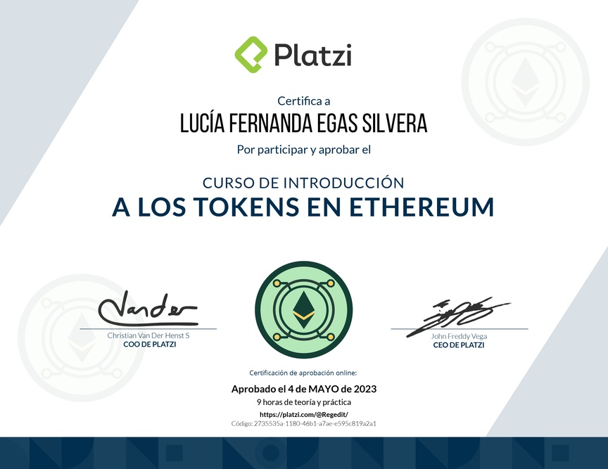 Diploma del Curso de Tokens en Ethereum: Fundamentos