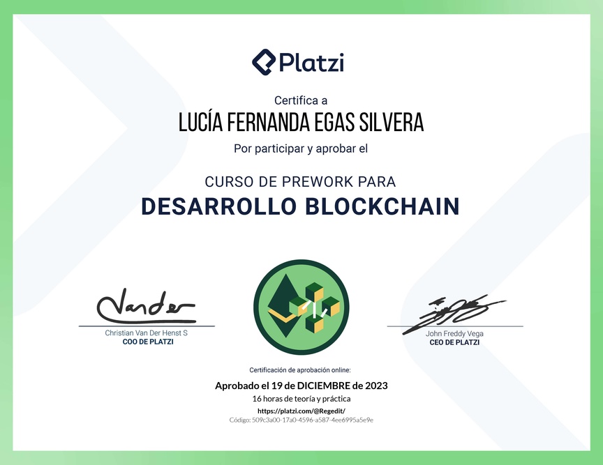 Diploma del Curso de Prework para Desarrollo de Aplicaciones Blockchain