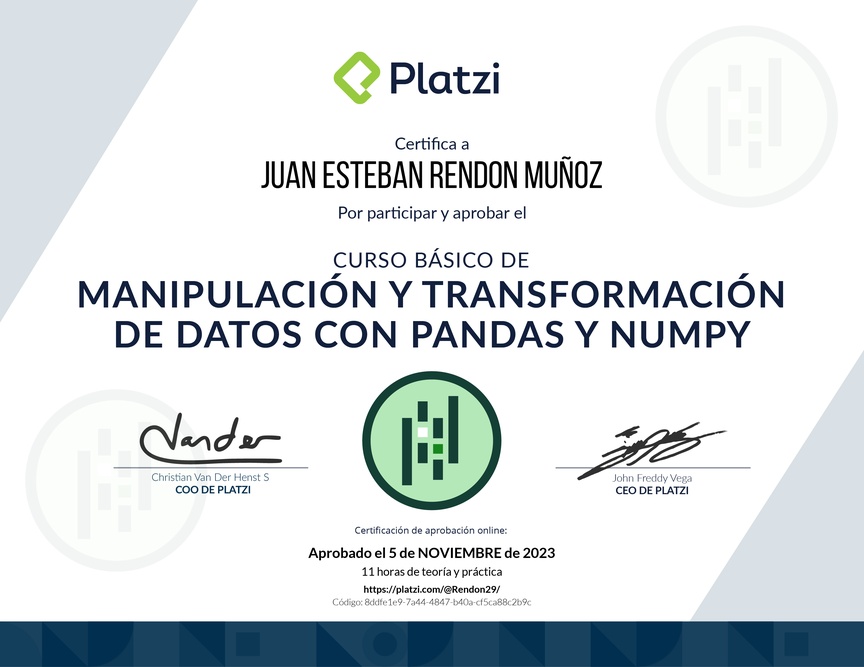 Diploma del Curso de Manipulación y Transformación de Datos con Pandas y NumPy