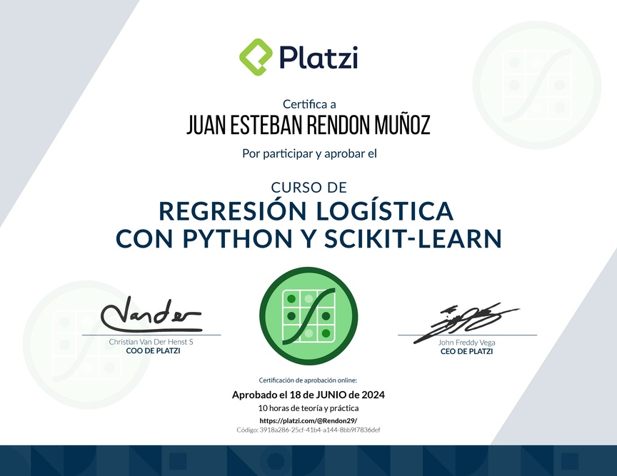 Diploma del Curso de Regresión Logística con Python y scikit-learn