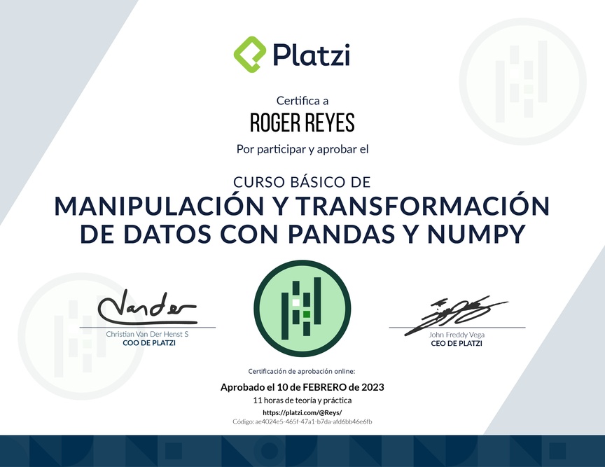 Diploma del Curso de Manipulación y Transformación de Datos con Pandas y NumPy