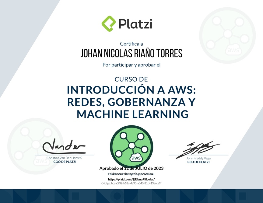 Diploma del Curso de Introducción a AWS: Redes, Gobernanza y Machine Learning