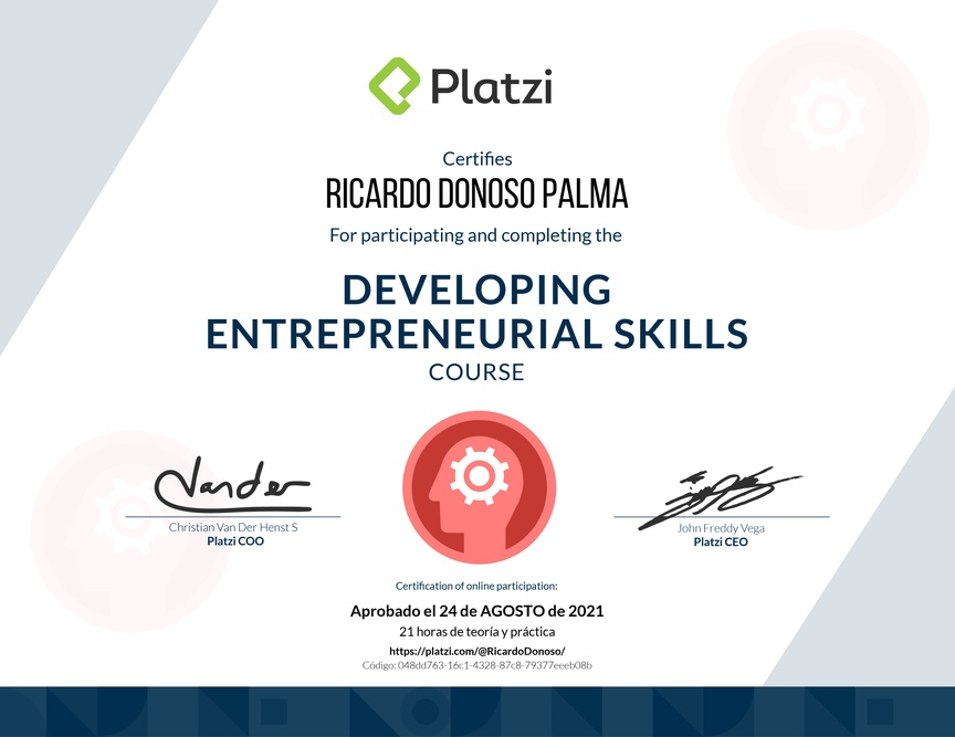 Diploma del Curso de Innovación para Emprendimiento