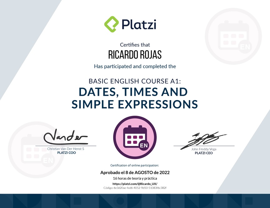 Diploma del Curso de Inglés Básico A1: Fechas, Horas y Expresiones Simples