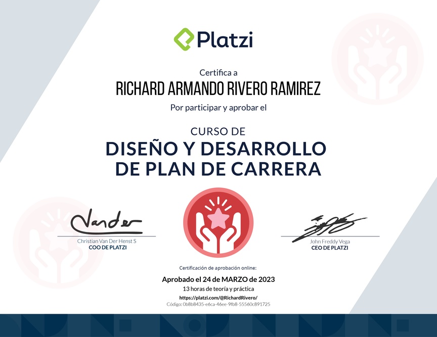 Diploma del Curso de Diseño y Desarrollo de Plan de Carrera